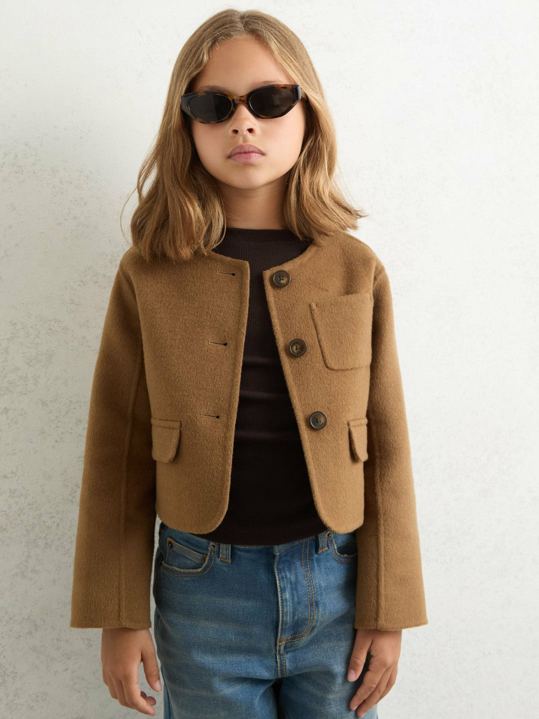 3-9 yrs Wool-Blend Cropped Collarless Jacket Camel | Children & Baby