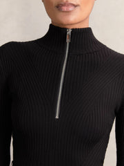 Rib-Knit Belted Half-Zip Flippy Dress Black | Women