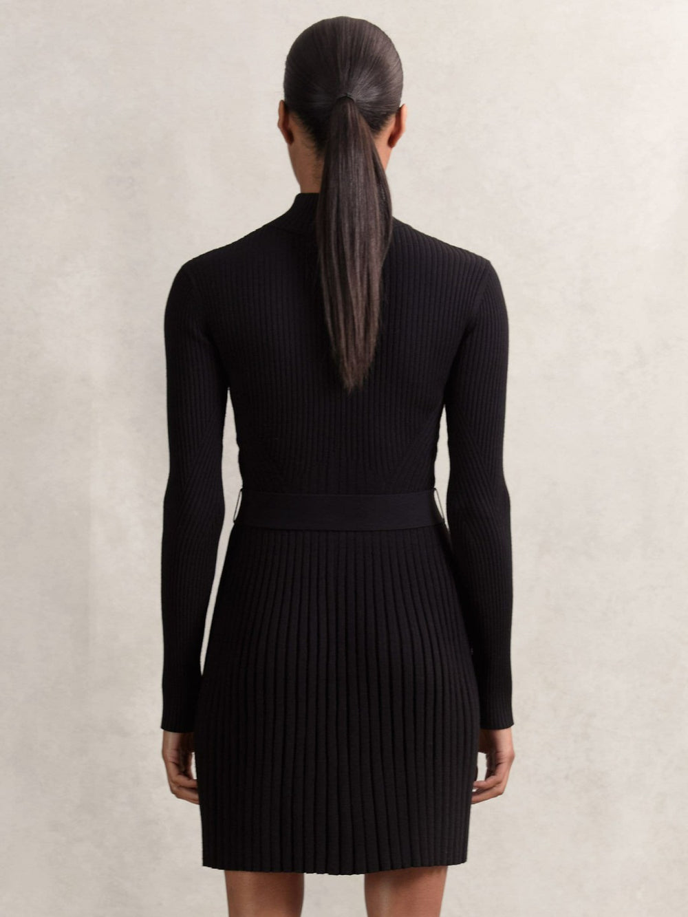 Rib-Knit Belted Half-Zip Flippy Dress Black | Women