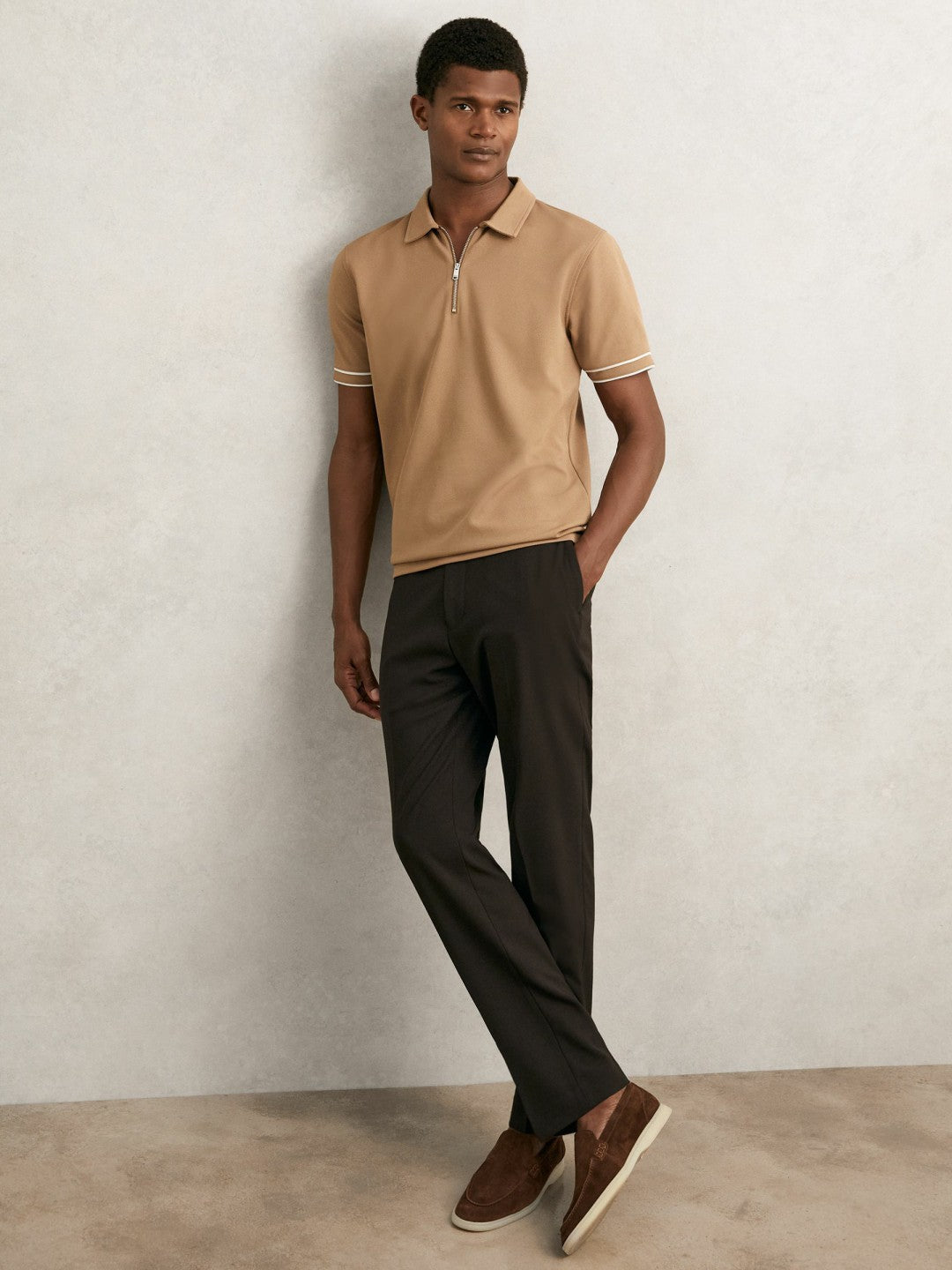 Textured Half-Zip Tipped Polo Shirt Camel | Men