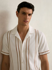 Piped-Stripe Cuban-Collar Shirt White/Camel | Men