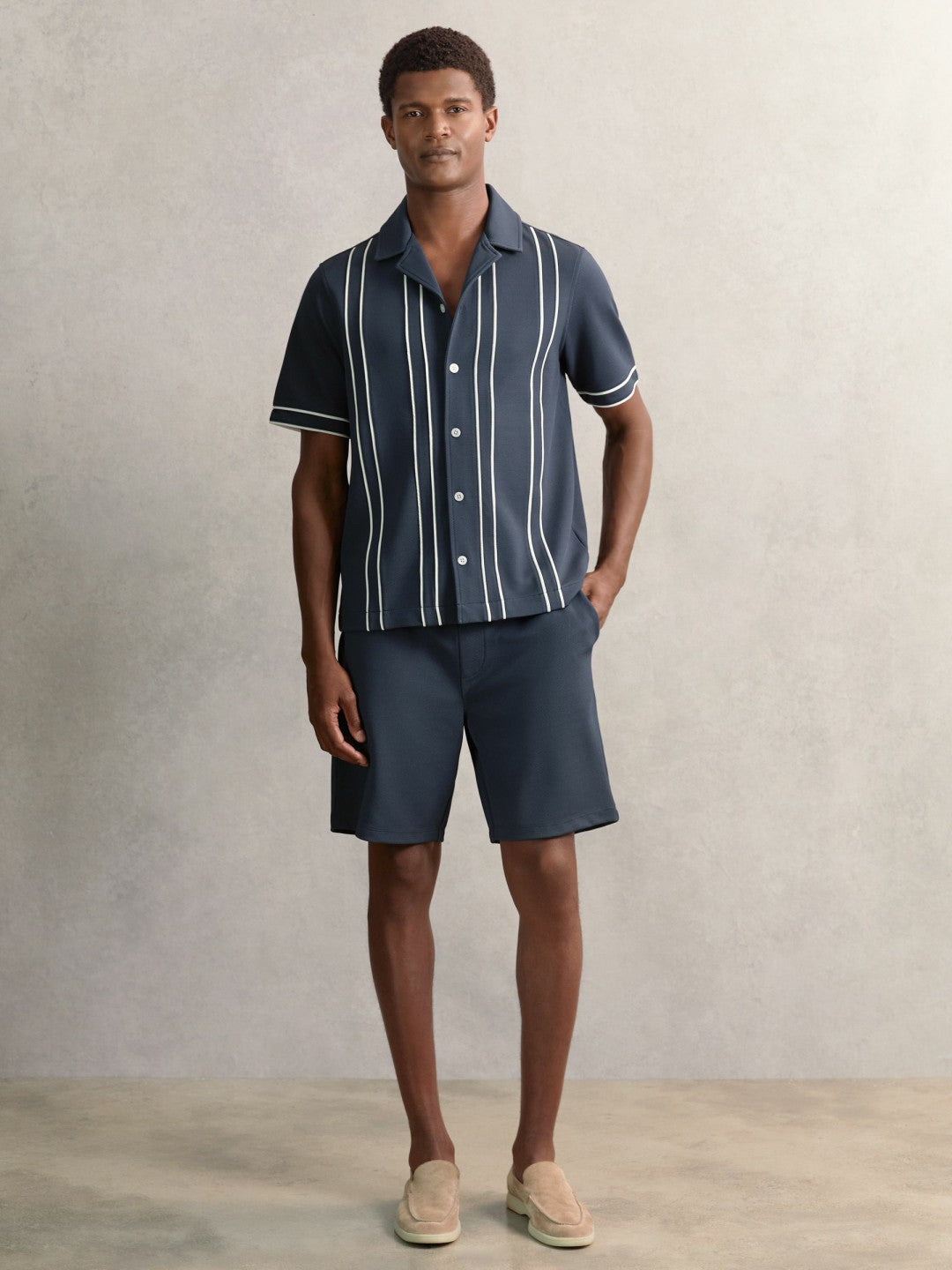 Piped-Stripe Cuban-Collar Shirt Airforce Blue | Men