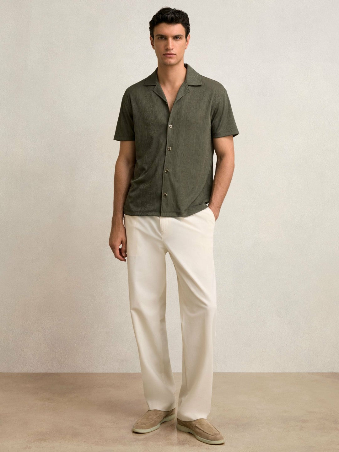 Jacquard-Stripe Cuban-Collar Shirt Dark Green | Men