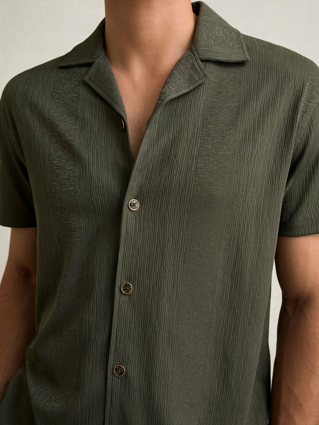 Jacquard-Stripe Cuban-Collar Shirt Dark Green | Men