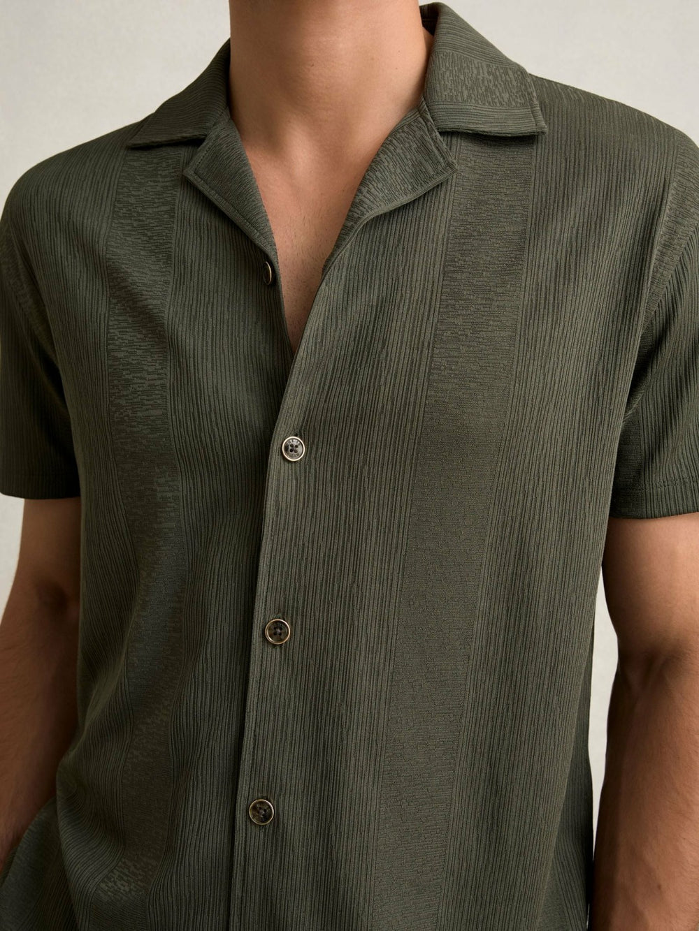 Jacquard-Stripe Cuban-Collar Shirt Dark Green | Men