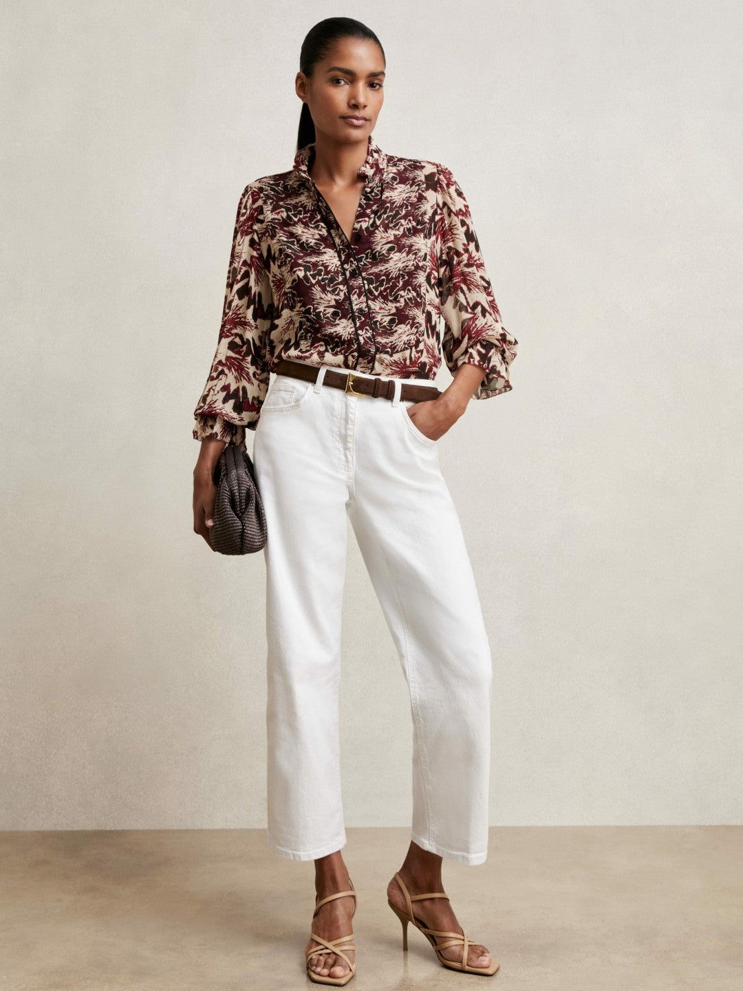 Abstract-Print Ruffle-Neck Shirt Burgundy/Cream | Women