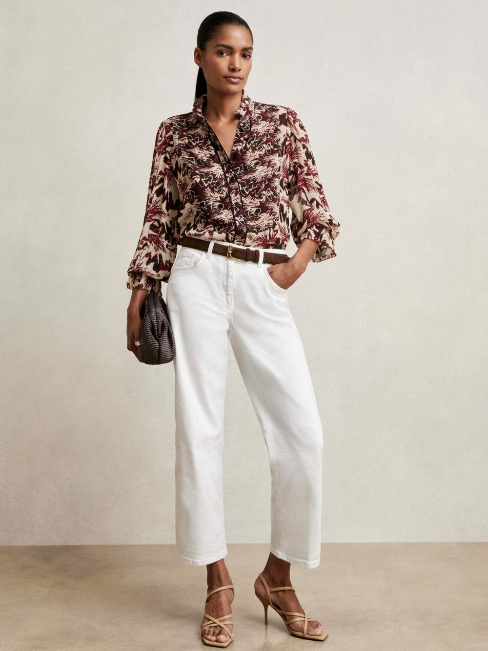 Abstract-Print Ruffle-Neck Shirt Burgundy/Cream | Women