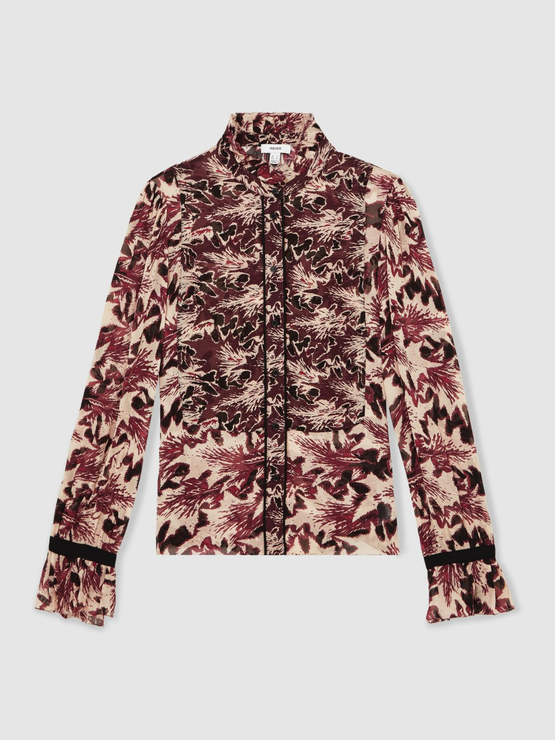 Abstract-Print Ruffle-Neck Shirt Burgundy/Cream | Women