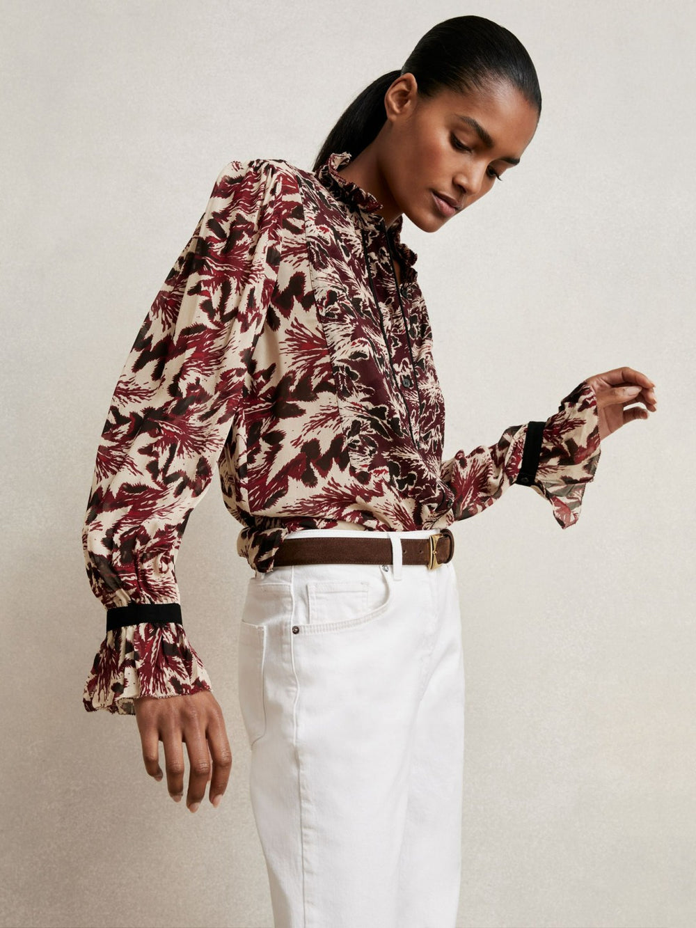 Abstract-Print Ruffle-Neck Shirt Burgundy/Cream | Women