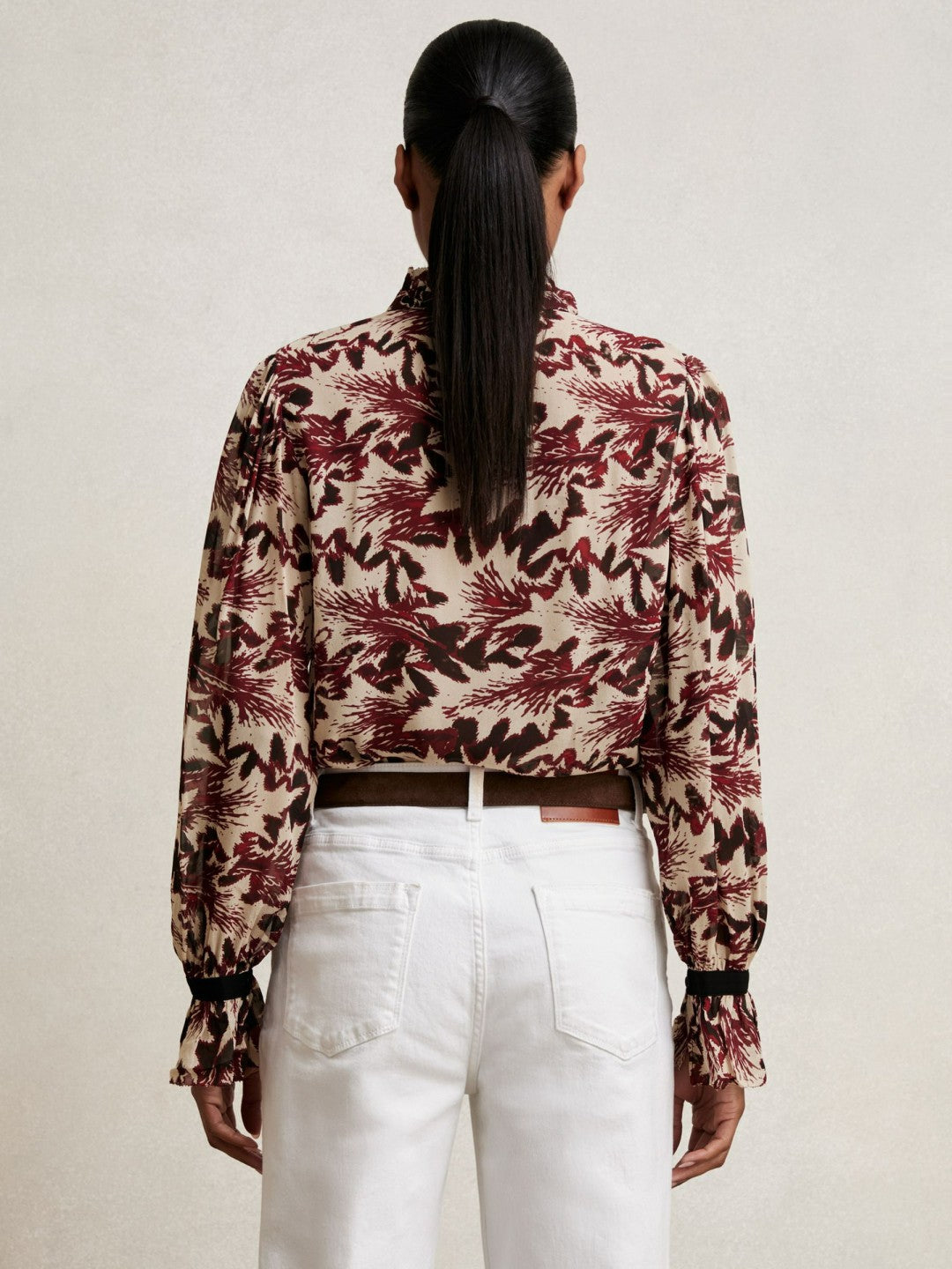 Abstract-Print Ruffle-Neck Shirt Burgundy/Cream | Women