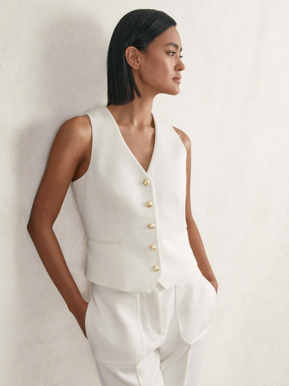 Single-Breasted Twill Waistcoat With Wool White | Women