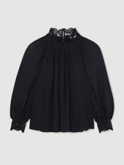 Lace-Trim Draped Chiffon Top Navy | Women