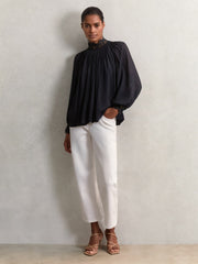 Lace-Trim Draped Chiffon Top Navy | Women