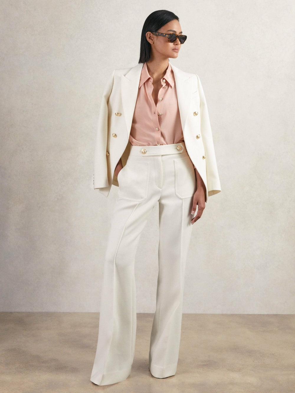 Petite Twill Button-Tab Flared Trousers With Wool White | Women