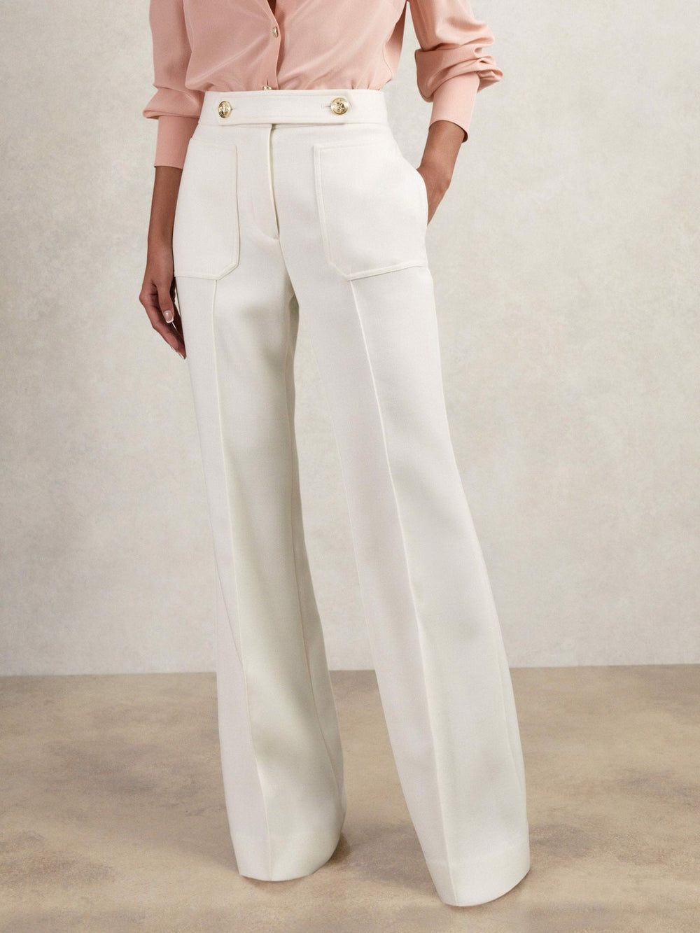 Petite Twill Button-Tab Flared Trousers With Wool White | Women