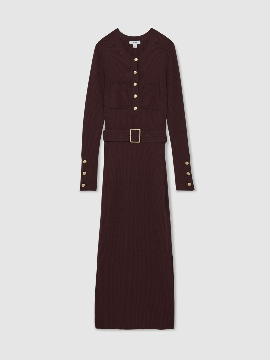 Buttoned Rib-Knit Midi Dress Burgundy | Women