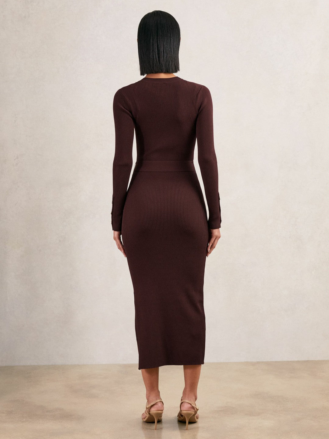 Buttoned Rib-Knit Midi Dress Burgundy | Women