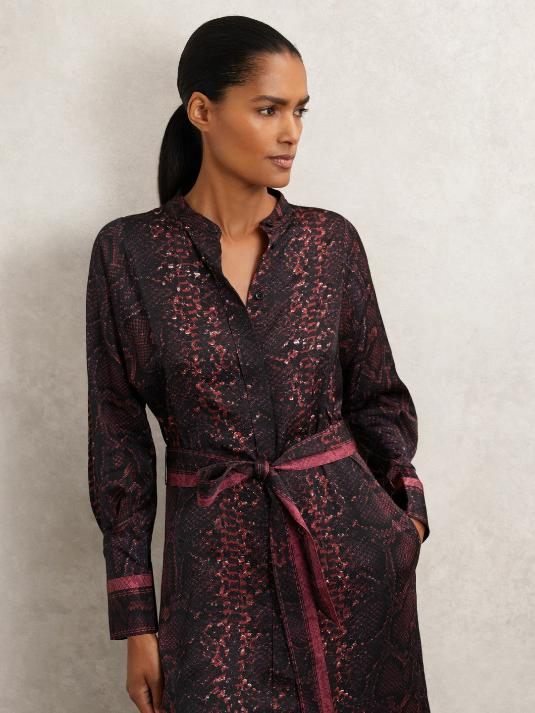 Snake-Print Belted Shirt Dress Burgundy/Black | Women