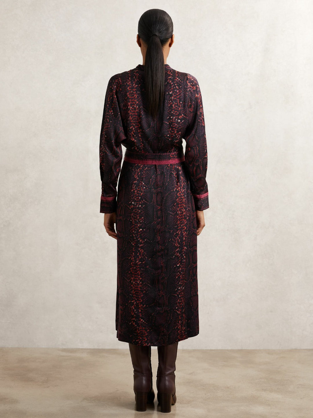 Snake-Print Belted Shirt Dress Burgundy/Black | Women