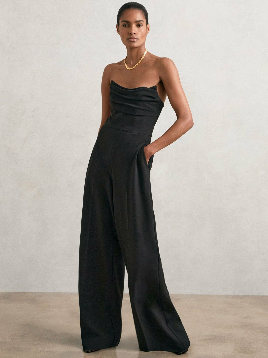 Structured Strapless Wide-Leg Jumpsuit Black | Women