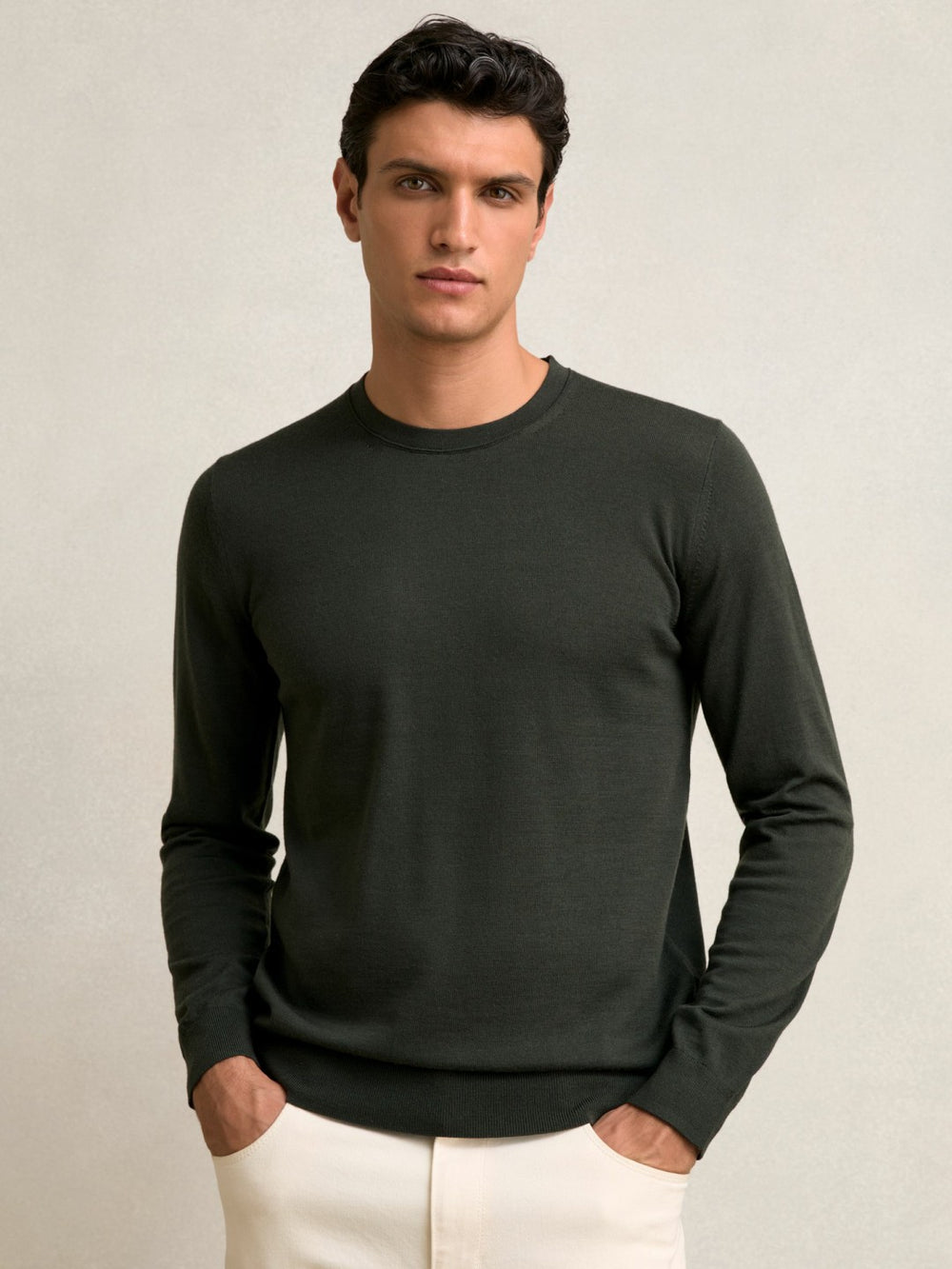 Merino Wool Crew Neck Jumper Dark Military Green | Men