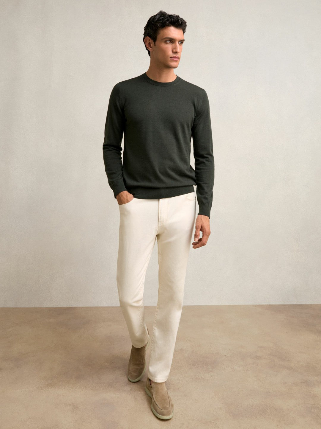 Merino Wool Crew Neck Jumper Dark Military Green | Men