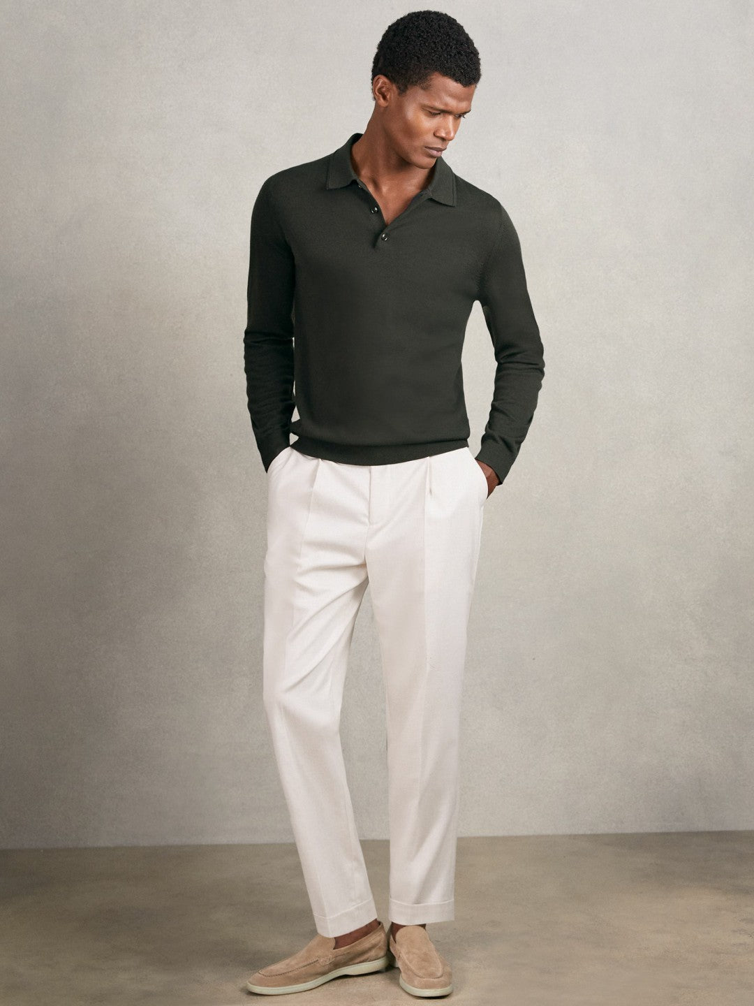 Merino Wool Long-Sleeve Polo Shirt Dark Military Green | Men
