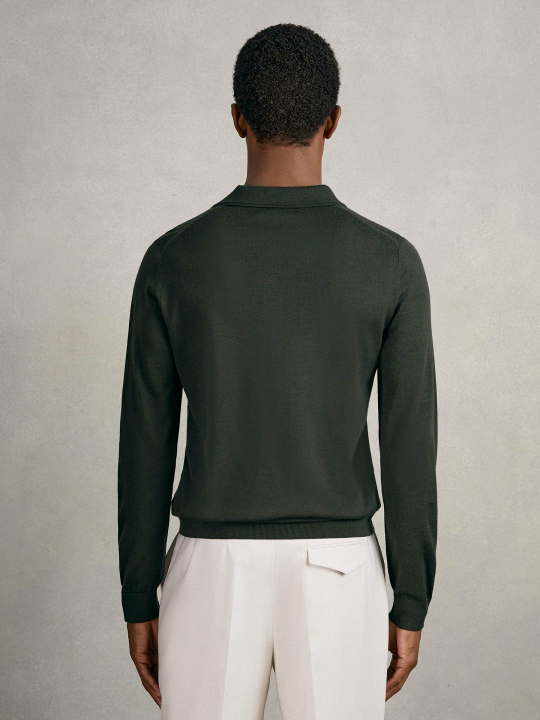 Merino Wool Long-Sleeve Polo Shirt Dark Military Green | Men