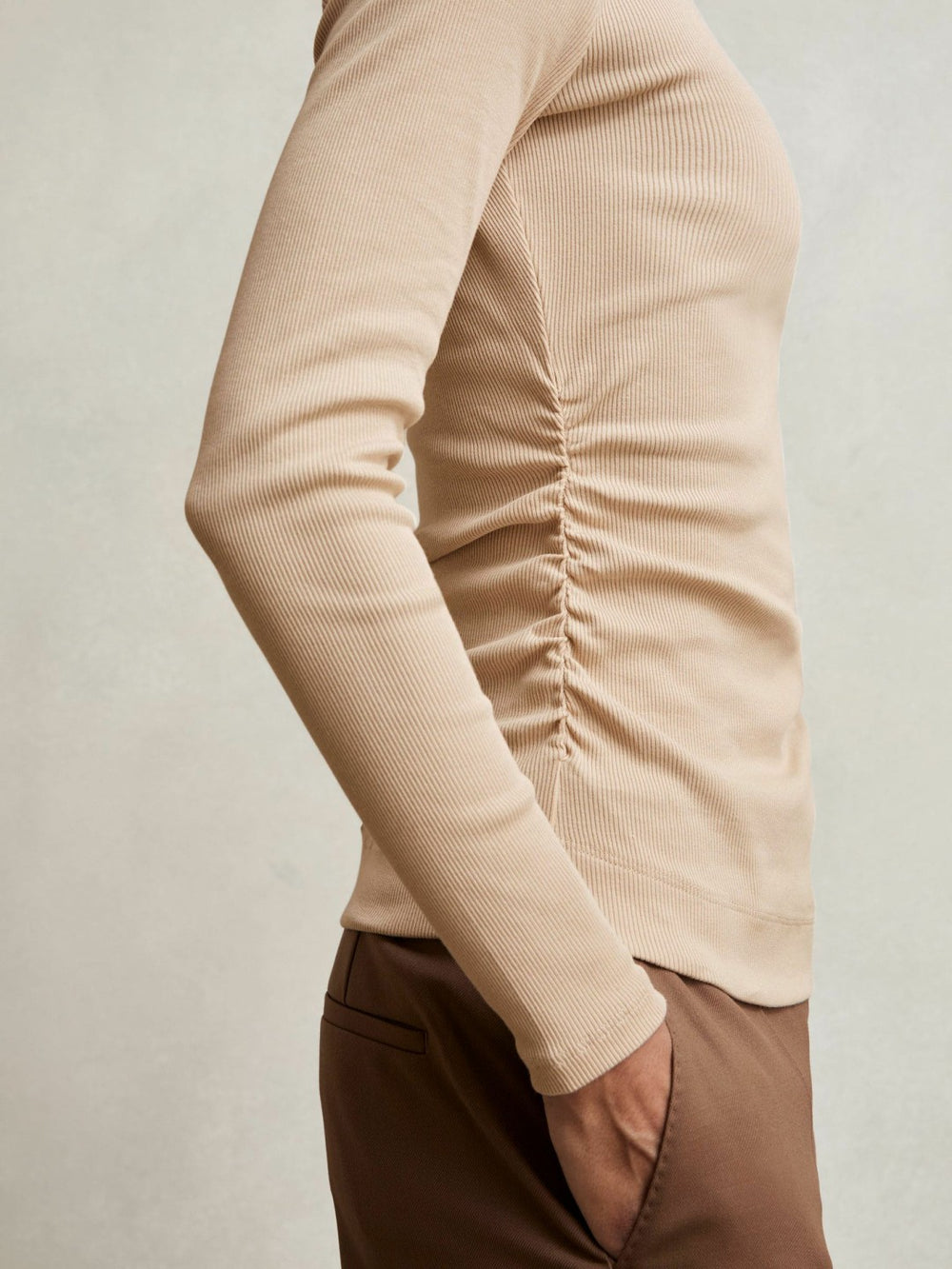 Cotton Long-Sleeve Ruched T-Shirt with Stretch Camel | Women