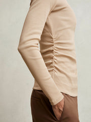 Cotton Long-Sleeve Ruched T-Shirt with Stretch Camel | Women