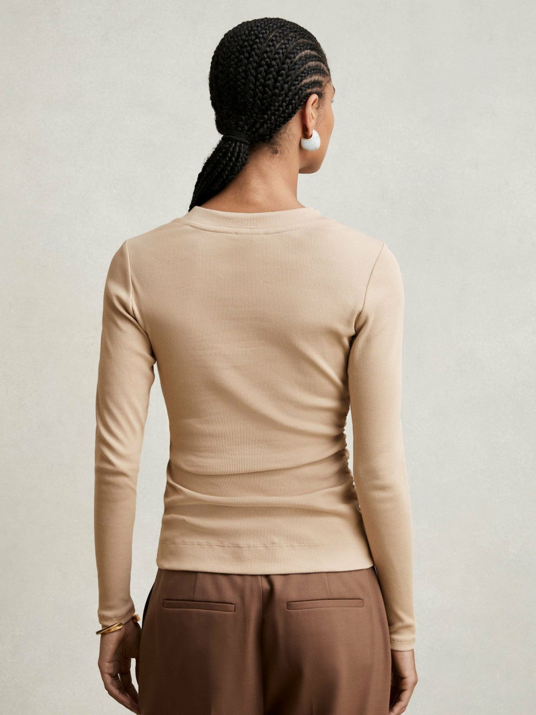 Cotton Long-Sleeve Ruched T-Shirt with Stretch Camel | Women