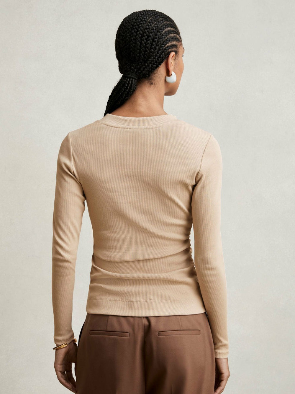 Cotton Long-Sleeve Ruched T-Shirt with Stretch Camel | Women