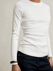 Cotton Long-Sleeve Ruched T-Shirt with Stretch White | Women