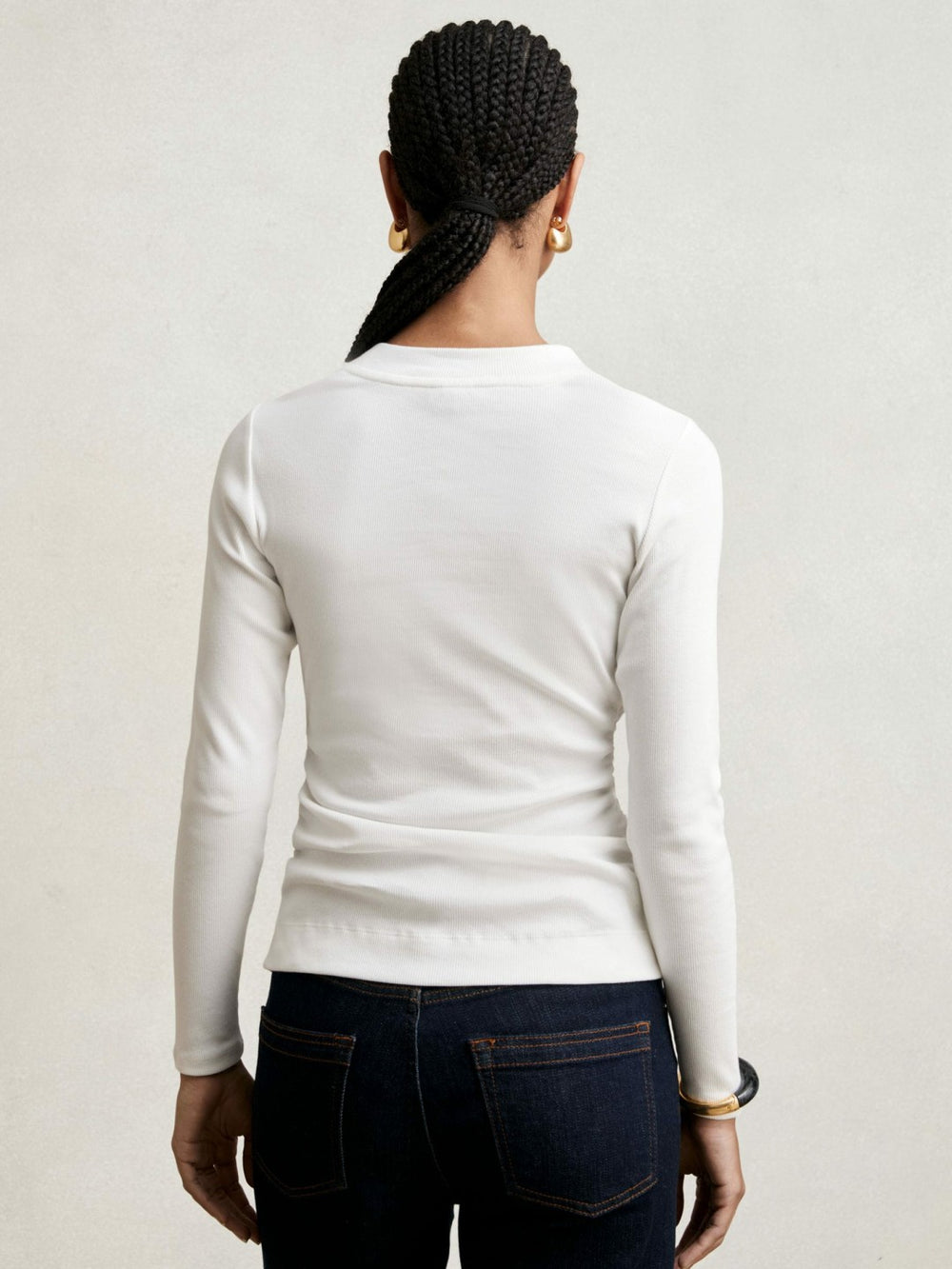 Cotton Long-Sleeve Ruched T-Shirt with Stretch White | Women