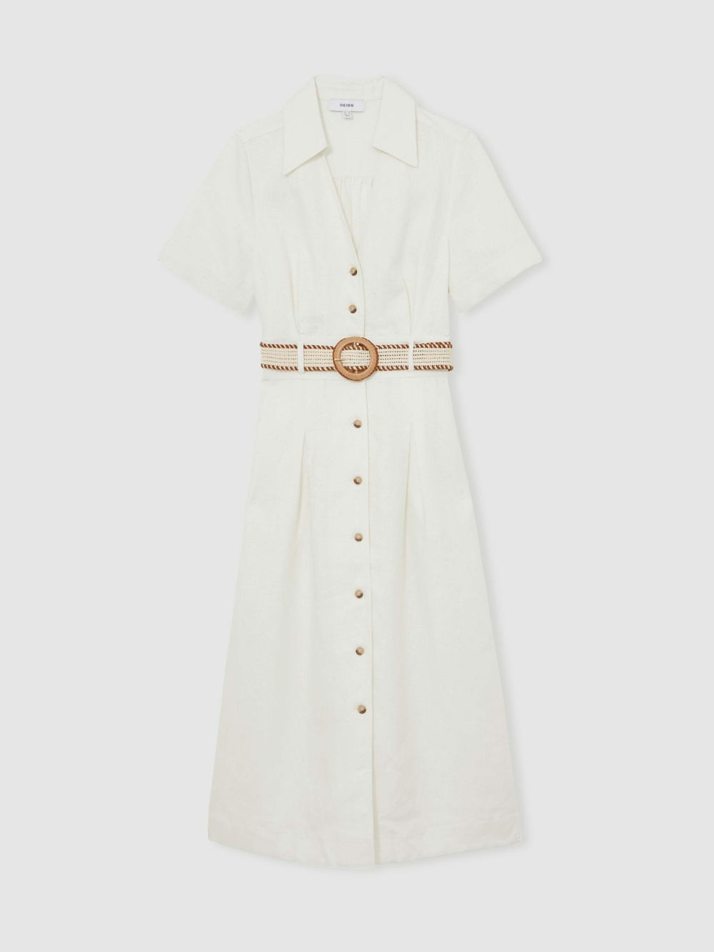 Linen Belted Midi Shirt Dress Ivory | Women