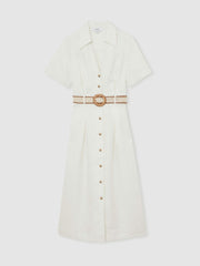 Linen Belted Midi Shirt Dress Ivory | Women