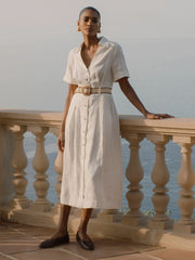 Linen Belted Midi Shirt Dress Ivory | Women