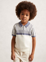 3-9 yrs Cotton Stripe Knit Half-Zip Polo Shirt Off White/ Airforce Blue | Children & Baby