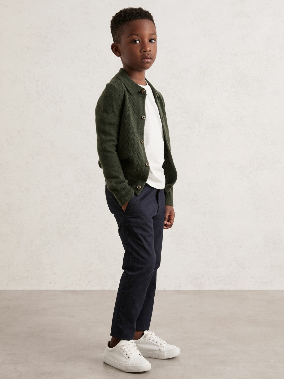 9-13 yrs Wool V-Stitch Button-Through Cardigan Forest Green | Children & Baby