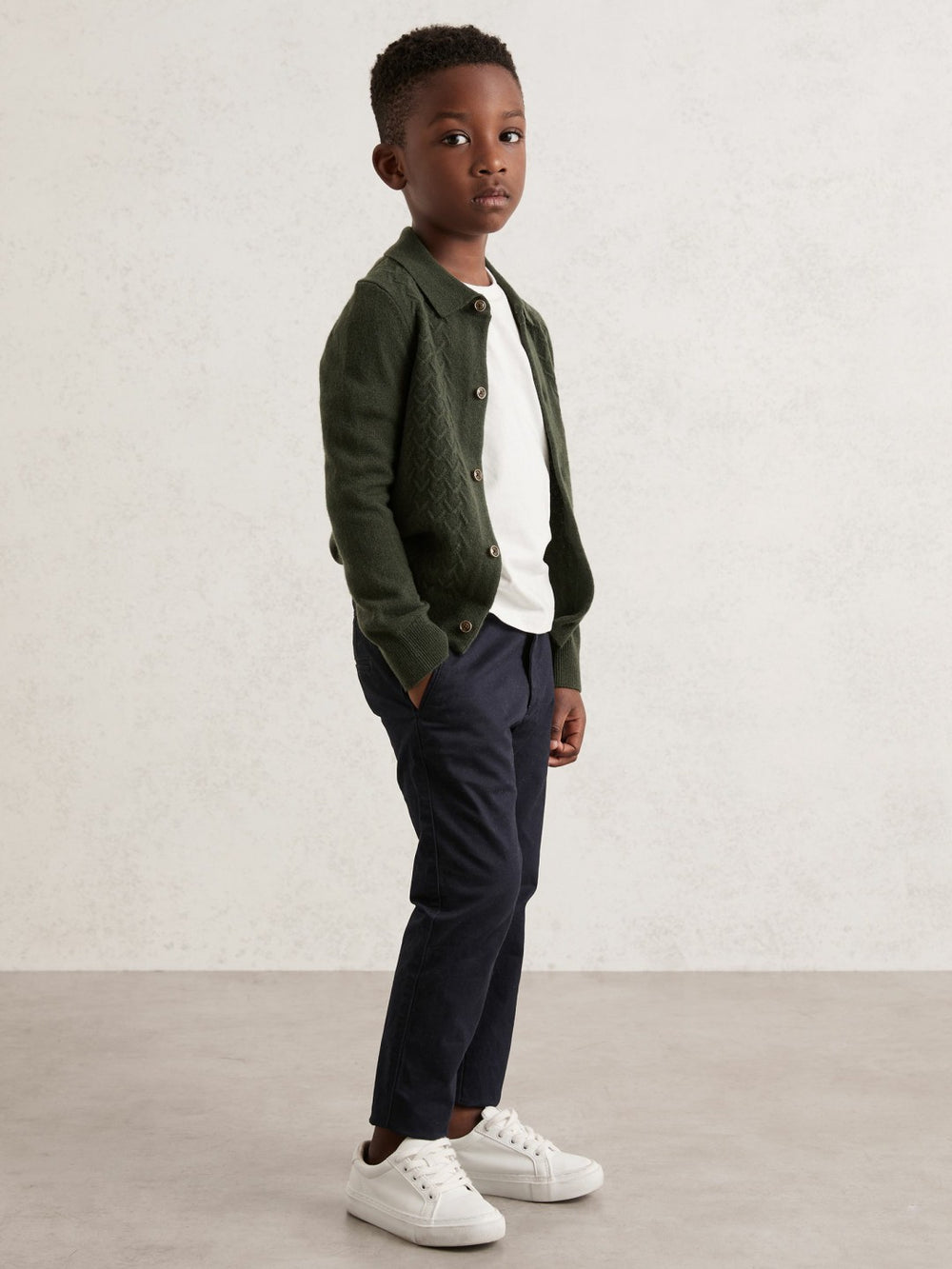 9-13 yrs Wool V-Stitch Button-Through Cardigan Forest Green | Children & Baby