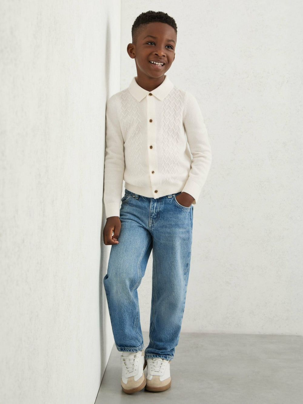 9-13 yrs Wool V-Stitch Button-Through Cardigan Off White | Children & Baby