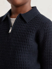 3-9 yrs Wool Waffle-Knit Half-Zip Polo Shirt Navy Blue | Children & Baby