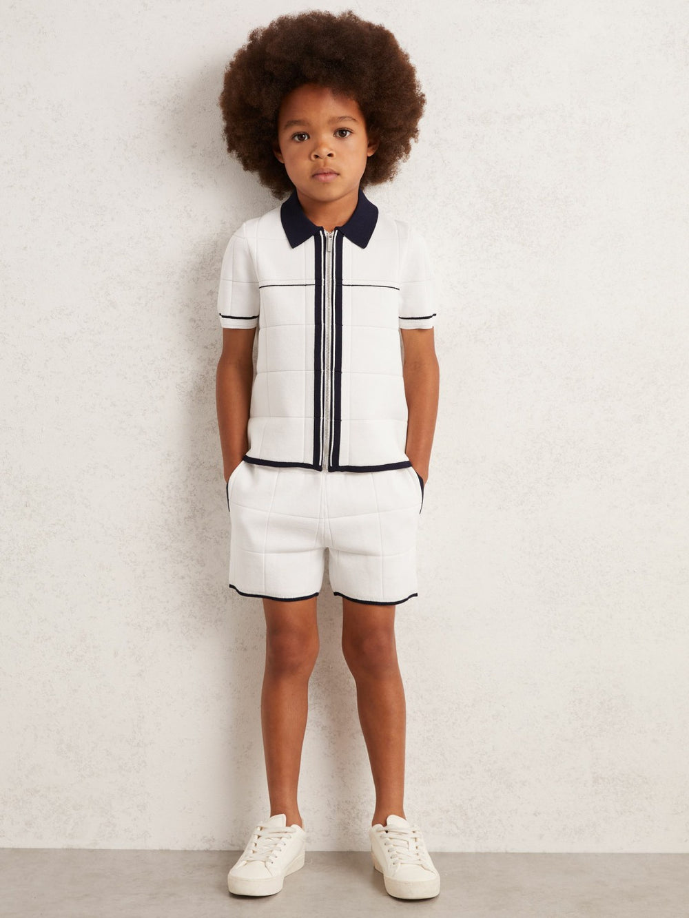 9-12 yrs Tipped Knit Stitch-Detail Shorts White/Navy | Children & Baby