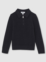 9-13 yrs Wool Waffle-Knit Half-Zip Polo Shirt Navy Blue | Children & Baby