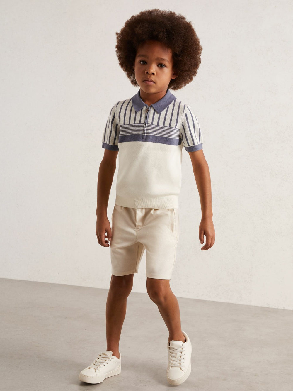 13-14 yrs Cotton Stripe Knit Half-Zip Polo Shirt Off White/ Airforce Blue | Children & Baby