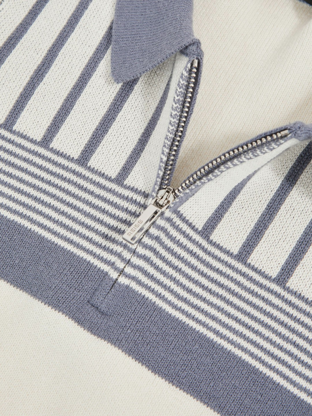 13-14 yrs Cotton Stripe Knit Half-Zip Polo Shirt Off White/ Airforce Blue | Children & Baby