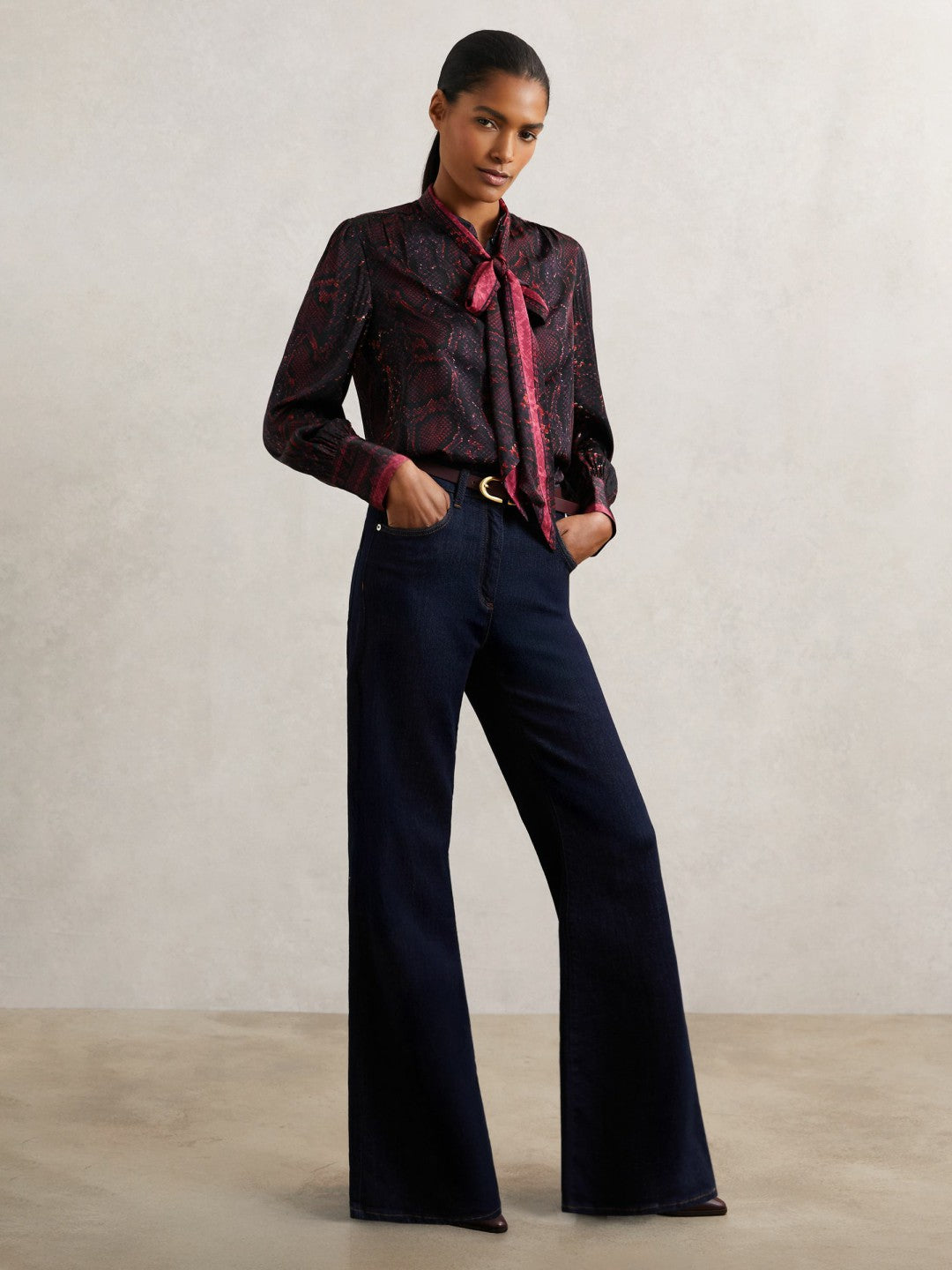 Snake-Print Tie-Neck Blouse Burgundy | Women