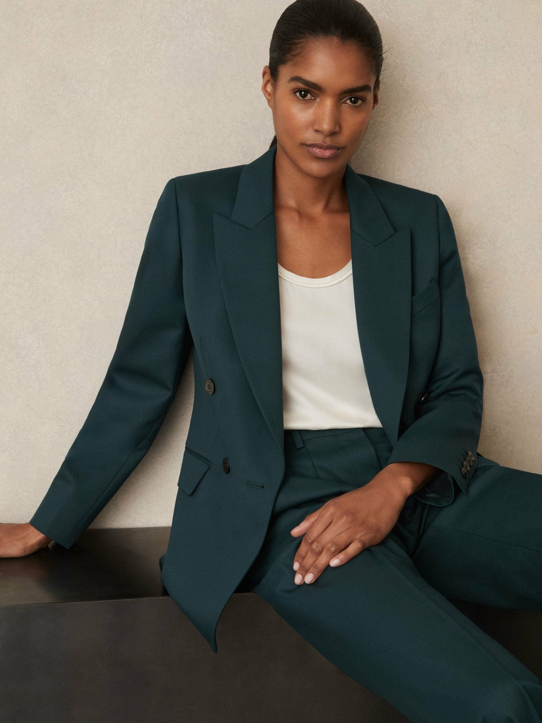 Wool-Blend Double-Breasted Suit Blazer Green | Women