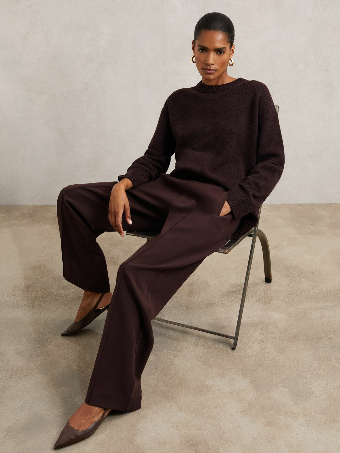 Petite Wide Leg Elasticated Waist Trousers Burgundy | Women