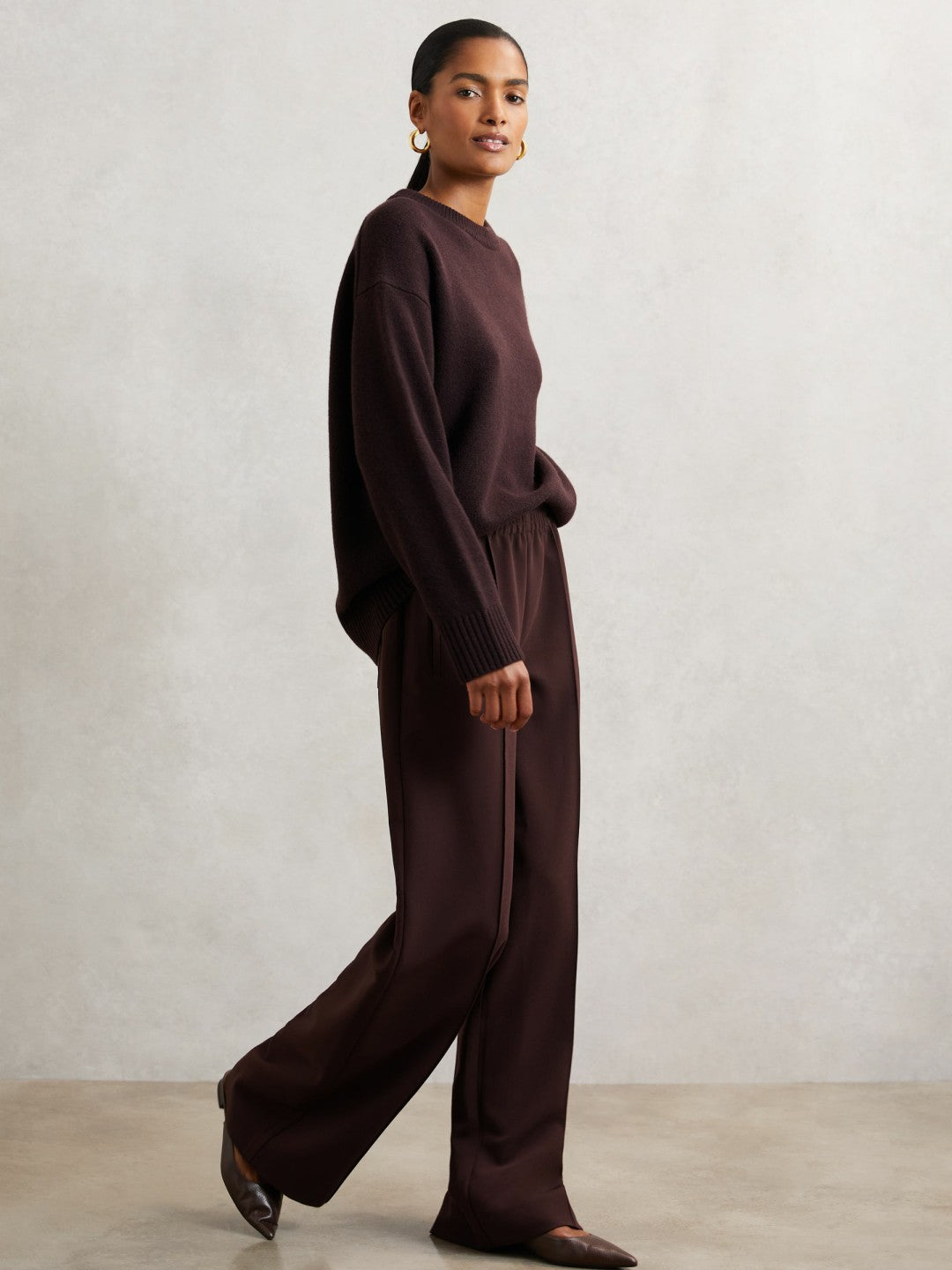 Wide Leg Elasticated Waist Trousers Burgundy | Women